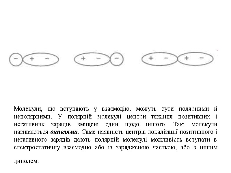 Молекули, що вступають у взаємодію, можуть бути полярними й неполярними. У полярній молекулі центри